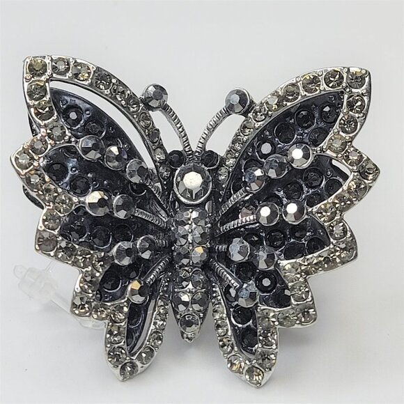VINTAGE Black Rhinestones Large Butterfly Stretch Ring - Picture 2 of 12